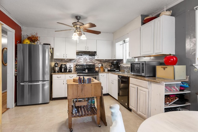 131 Sioux Trl, Ringgold, GA 30736 - kitchen featuring stainless steel appliances, under cabinet range hood, a ceiling fan, decorative backsplash, and white cabinetry