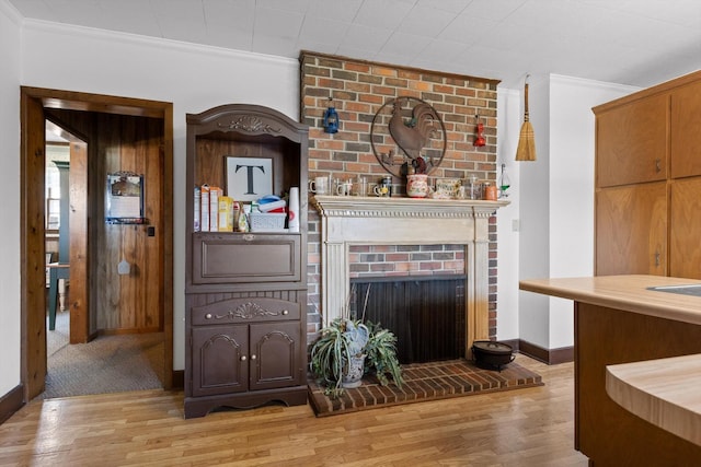 3216 Cleveland Hwy, Dalton, GA 30721 - living room featuring crown molding, wood finished floors, and a brick fireplace