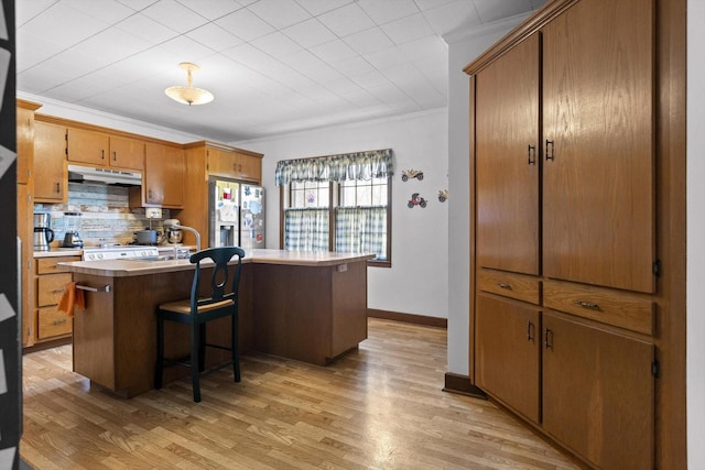 3216 Cleveland Hwy, Dalton, GA 30721 - kitchen with stainless steel fridge with ice dispenser, under cabinet range hood, light wood-type flooring, tasteful backsplash, and ornamental molding