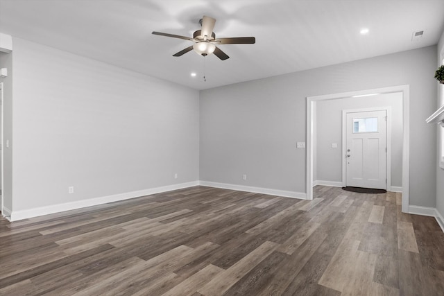 9614 Mulberry Gap Way, Ooltewah, TN 37363 - empty room with a ceiling fan, dark wood-style floors, and recessed lighting