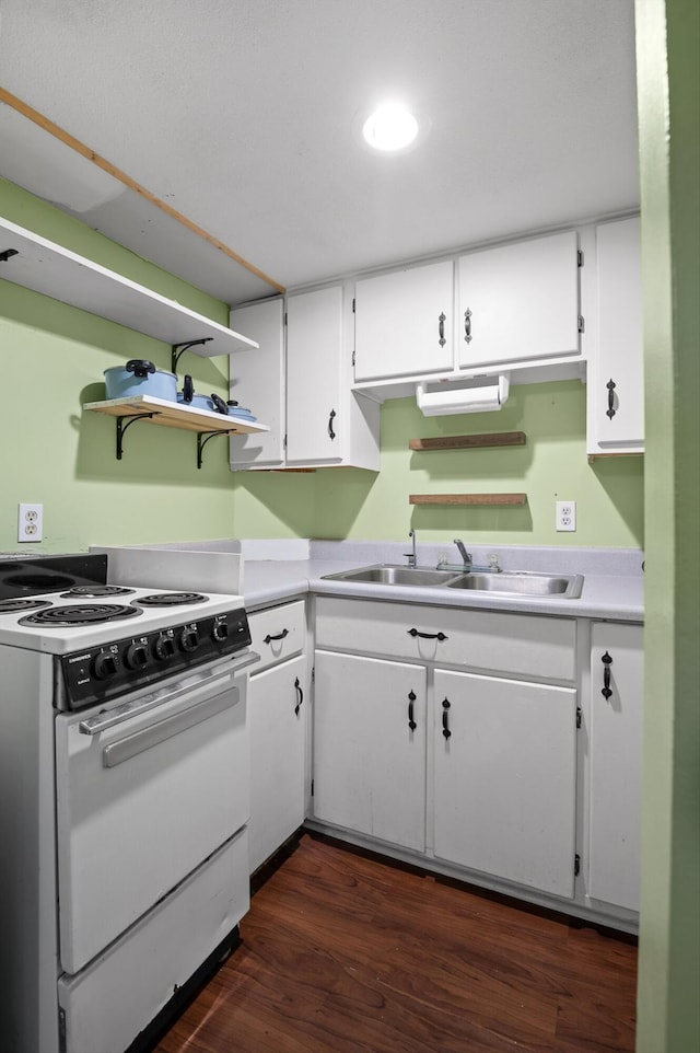 411 Meadow Green Dr, Ringgold, GA 30736 - kitchen featuring white electric range oven, white cabinets, light countertops, dark wood finished floors, and open shelves