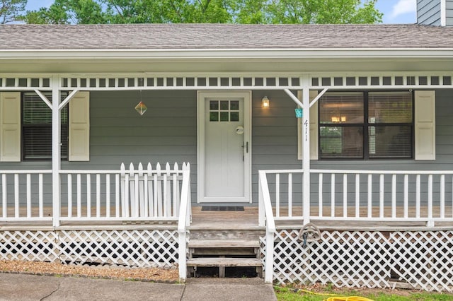 411 Meadow Green Dr, Ringgold, GA 30736 - view of exterior entry featuring a porch and a shingled roof