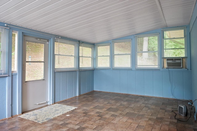 7622 Cove Ridge Dr, Hixson, TN 37343 - unfurnished sunroom with lofted ceiling, plenty of natural light, brick patterned floors, and cooling unit