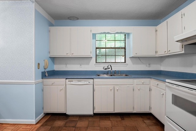 7622 Cove Ridge Dr, Hixson, TN 37343 - kitchen with white appliances, white cabinets, under cabinet range hood, and a textured ceiling