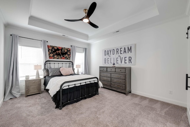 7183 Tailgate Loop, Ooltewah, TN 37363 - bedroom featuring a raised ceiling, ornamental molding, carpet floors, and a ceiling fan