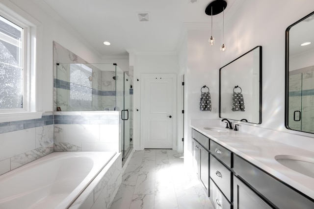 7183 Tailgate Loop, Ooltewah, TN 37363 - bathroom featuring healthy amount of natural light, a bath, a shower stall, ornamental molding, and double vanity
