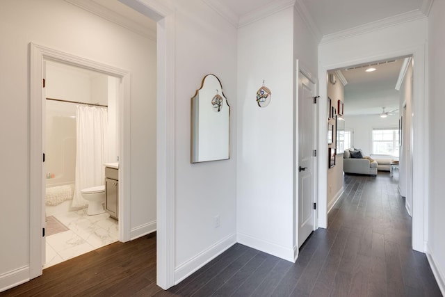 7183 Tailgate Loop, Ooltewah, TN 37363 - hall with ornamental molding, dark wood-type flooring, and recessed lighting