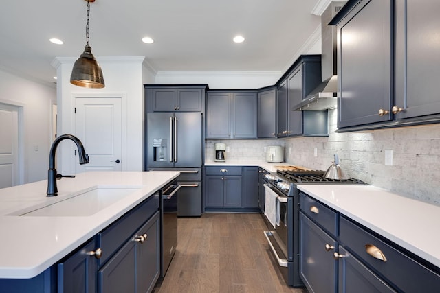 7183 Tailgate Loop, Ooltewah, TN 37363 - kitchen with range with two ovens, high end refrigerator, ornamental molding, dishwashing machine, and dark wood finished floors