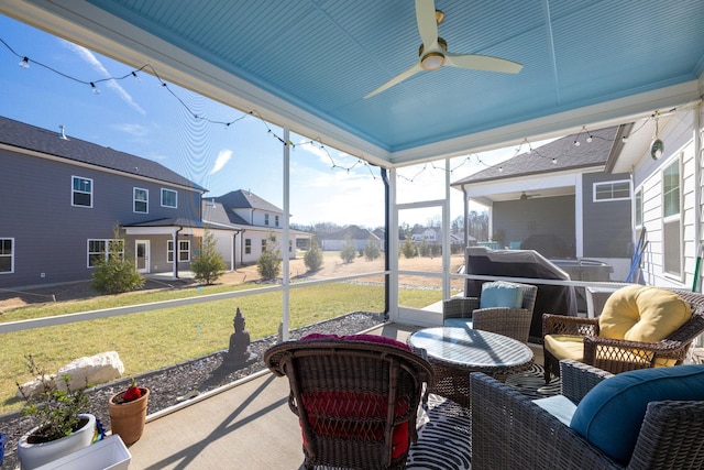 7183 Tailgate Loop, Ooltewah, TN 37363 - sunroom featuring a ceiling fan and a residential view