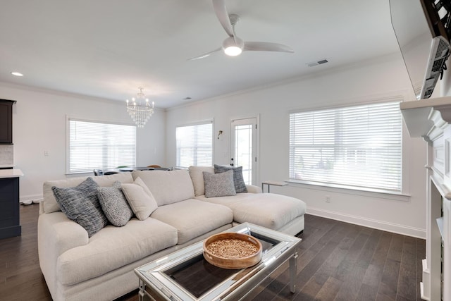7183 Tailgate Loop, Ooltewah, TN 37363 - living area featuring a chandelier, ornamental molding, dark wood-style flooring, ceiling fan, and recessed lighting
