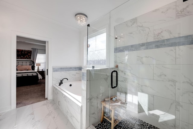 7183 Tailgate Loop, Ooltewah, TN 37363 - bathroom with connected bathroom, a bath, crown molding, a marble finish shower, and a chandelier