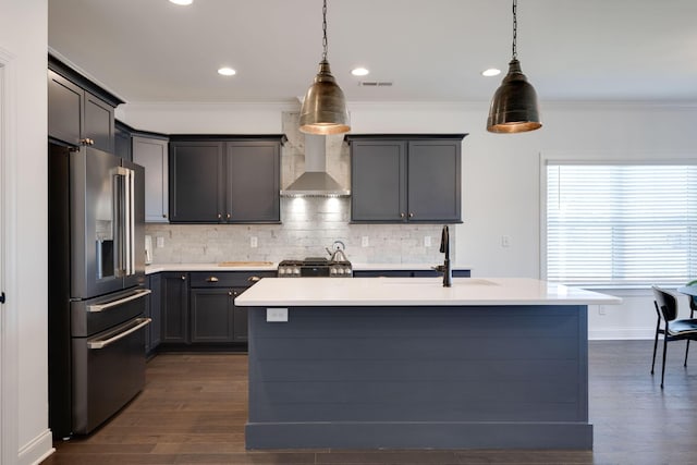 7183 Tailgate Loop, Ooltewah, TN 37363 - kitchen featuring high quality fridge, wall chimney range hood, light countertops, tasteful backsplash, and stove
