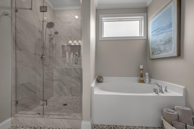 7192 Winfrey Dr, Fairview, TN 37062 - full bathroom featuring a garden tub, a shower stall, and ornamental molding