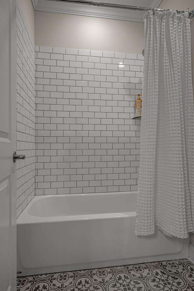 7192 Winfrey Dr, Fairview, TN 37062 - bathroom featuring tile patterned floors, crown molding, and shower / bathtub combination with curtain