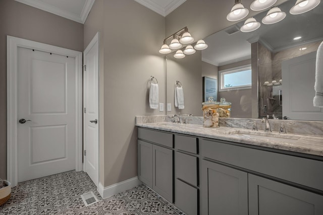 7192 Winfrey Dr, Fairview, TN 37062 - full bathroom featuring double vanity, ornamental molding, and tiled shower