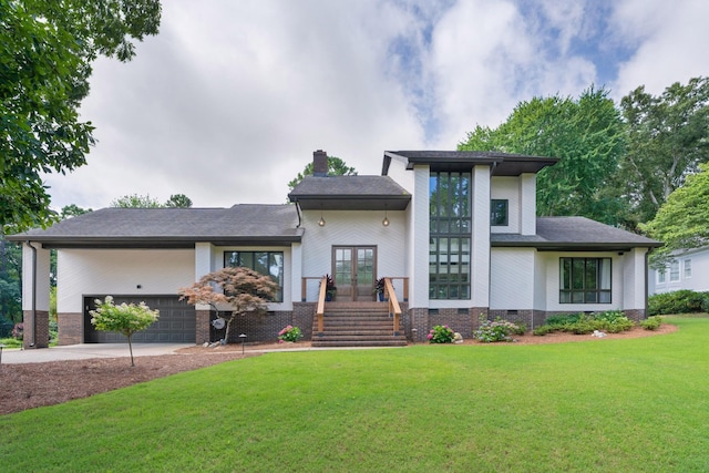 9208 Windstone Dr, Ooltewah, TN 37363 - view of front of home with french doors, a front yard, crawl space, driveway, and a chimney