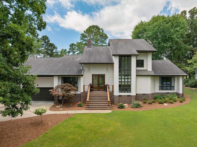 9208 Windstone Dr, Ooltewah, TN 37363 - view of front of property featuring french doors, a shingled roof, a front lawn, crawl space, and a chimney