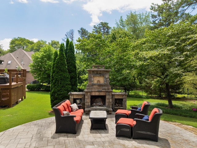 9208 Windstone Dr, Ooltewah, TN 37363 - view of patio / terrace featuring an outdoor living space with a fireplace and view of wooded area
