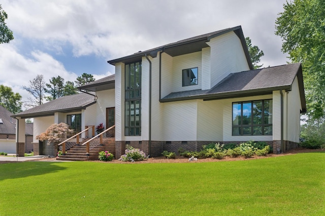 9208 Windstone Dr, Ooltewah, TN 37363 - view of front of house featuring crawl space, a front lawn, and a shingled roof