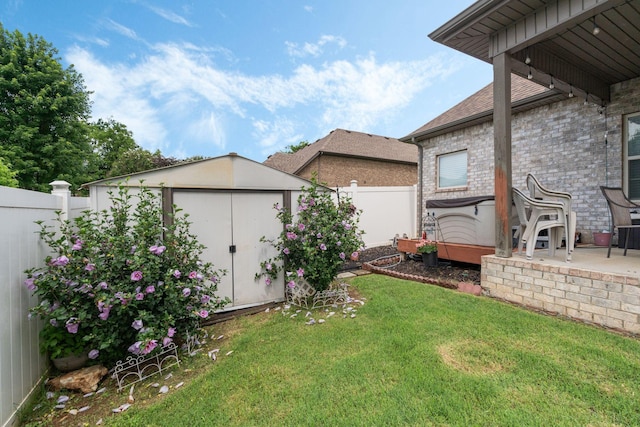 1640 Drayton Dr, Murfreesboro, TN 37130 - fenced backyard featuring a storage unit, a hot tub, and a patio
