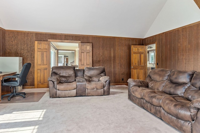 40 Lakeview Trl, Mcminnville, TN 37110 - carpeted living area with wooden walls, vaulted ceiling, and an office area