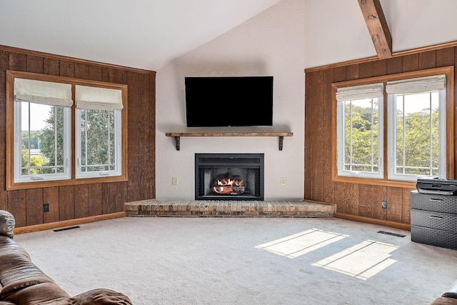 40 Lakeview Trl, Mcminnville, TN 37110 - carpeted living area featuring lofted ceiling, wooden walls, and a fireplace