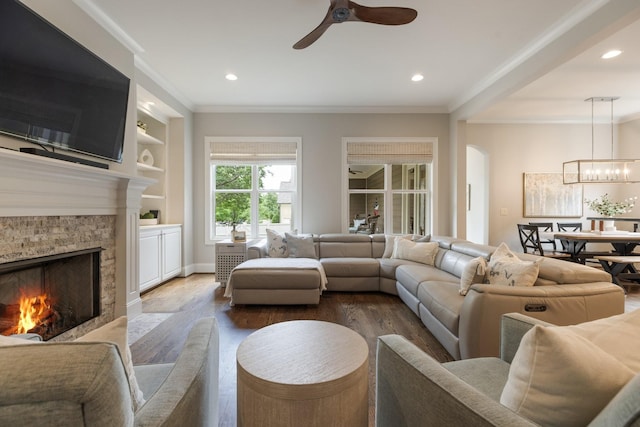 1202 Jewell Ave, Franklin, TN 37064 - living area featuring ceiling fan, a fireplace, ornamental molding, wood finished floors, and recessed lighting