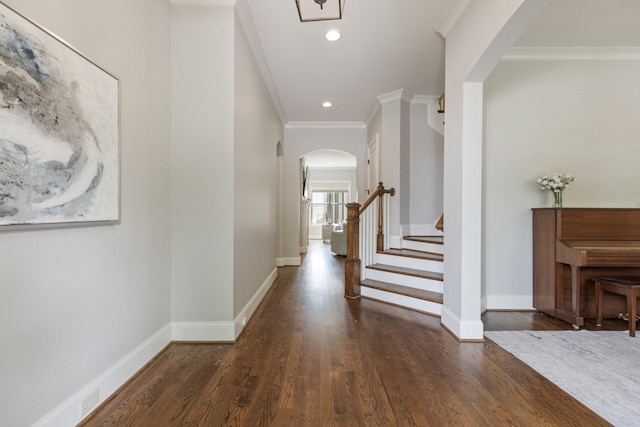 1202 Jewell Ave, Franklin, TN 37064 - corridor with arched walkways, wood finished floors, ornamental molding, stairway, and recessed lighting