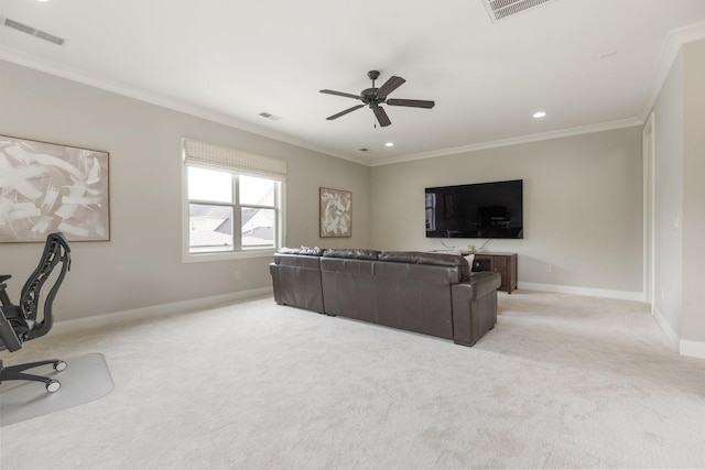 1202 Jewell Ave, Franklin, TN 37064 - living area with light carpet, a ceiling fan, ornamental molding, and recessed lighting