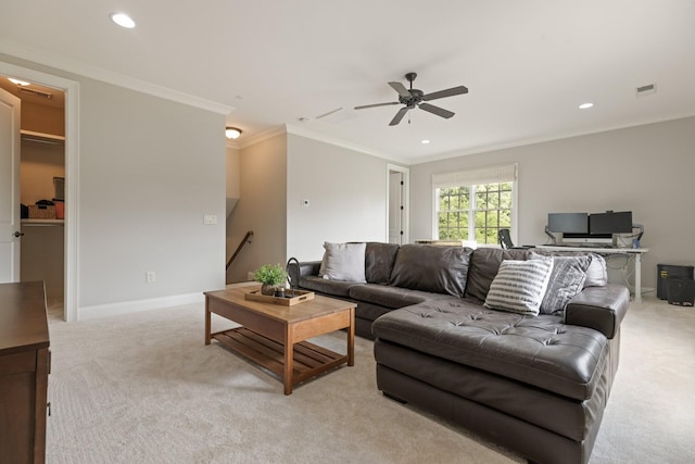 1202 Jewell Ave, Franklin, TN 37064 - living room with light colored carpet, crown molding, ceiling fan, and recessed lighting