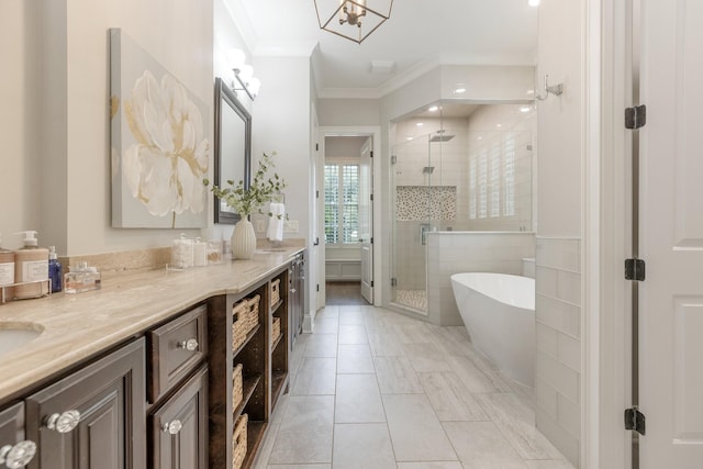 1202 Jewell Ave, Franklin, TN 37064 - bathroom with double vanity, a stall shower, crown molding, and a freestanding tub