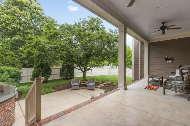 1202 Jewell Ave, Franklin, TN 37064 - fenced backyard with a ceiling fan, a patio, and a grill