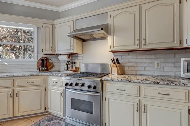 6353 Gordon Lawrence Rd, Santa Fe, TN 38482 - kitchen featuring stainless steel stove, wall chimney range hood, cream cabinets, decorative backsplash, and crown molding