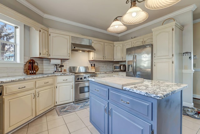 6353 Gordon Lawrence Rd, Santa Fe, TN 38482 - kitchen with stainless steel appliances, wall chimney exhaust hood, ornamental molding, blue cabinetry, and backsplash