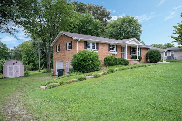 305 E Overhill Dr, Dickson, TN 37055 - ranch-style house with a garage, brick siding, a storage unit, and a front lawn