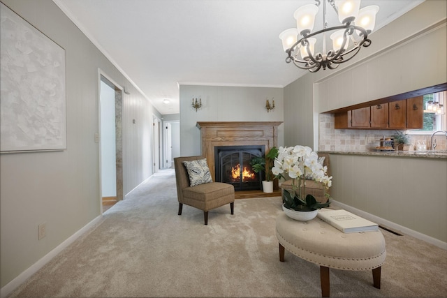 305 E Overhill Dr, Dickson, TN 37055 - sitting room with light carpet, ornamental molding, a chandelier, and a warm lit fireplace