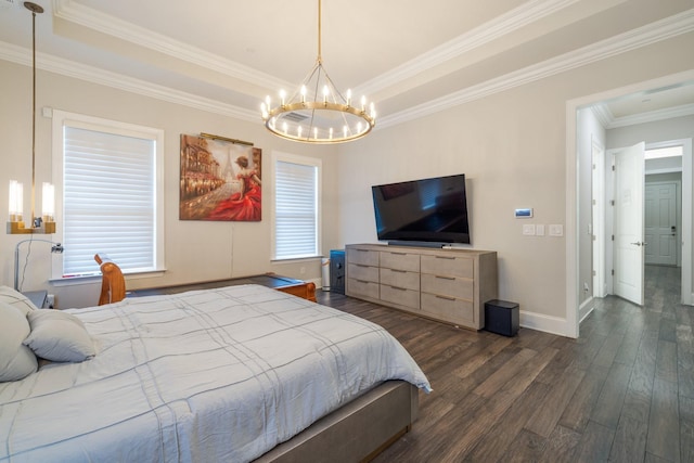 9488 Stillbrook Trce, Brentwood, TN 37027 - bedroom with dark wood-style floors, a chandelier, ornamental molding, and a tray ceiling