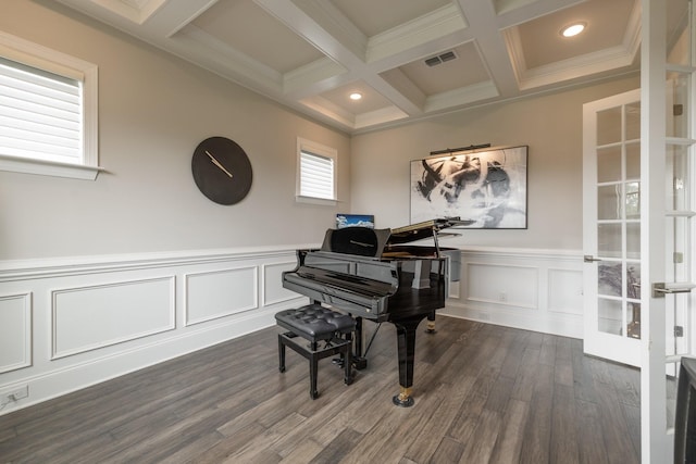 9488 Stillbrook Trce, Brentwood, TN 37027 - living area with coffered ceiling, beam ceiling, dark wood-style floors, a decorative wall, and wainscoting