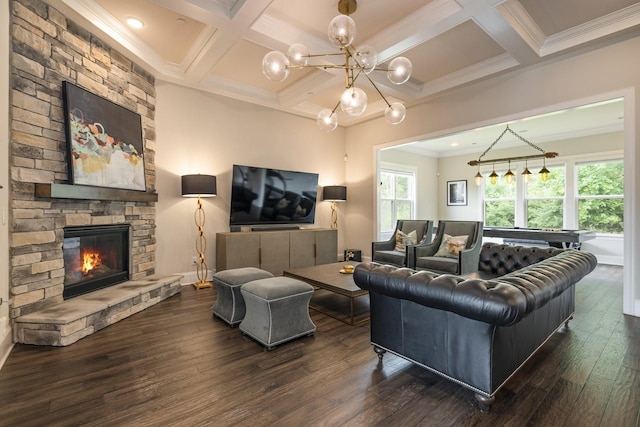 9488 Stillbrook Trce, Brentwood, TN 37027 - living area with dark wood finished floors, crown molding, coffered ceiling, beam ceiling, and a fireplace
