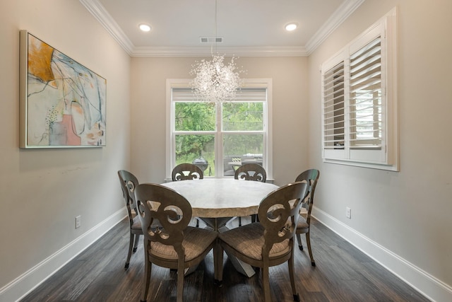 9488 Stillbrook Trce, Brentwood, TN 37027 - dining space featuring a chandelier, dark wood-style flooring, ornamental molding, and recessed lighting