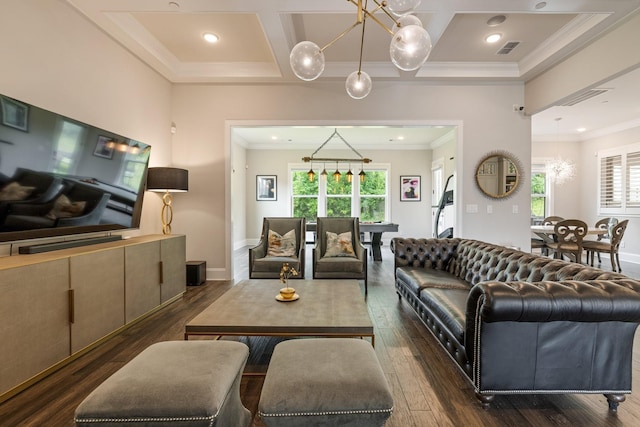 9488 Stillbrook Trce, Brentwood, TN 37027 - living area featuring healthy amount of natural light, coffered ceiling, ornamental molding, dark wood-type flooring, and a chandelier