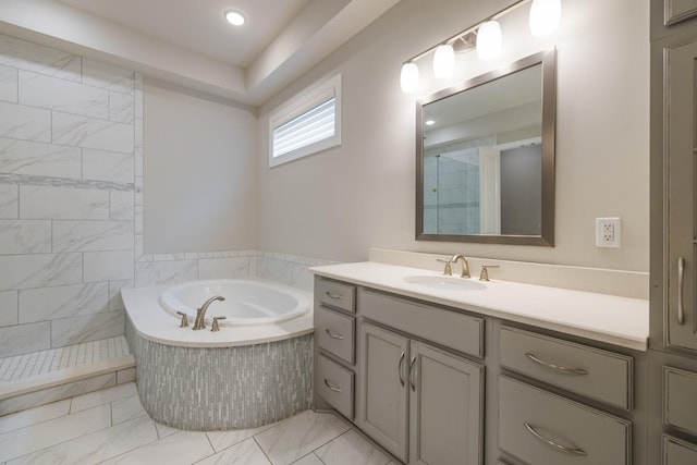9488 Stillbrook Trce, Brentwood, TN 37027 - full bathroom featuring a bath, vanity, a tile shower, marble finish floors, and recessed lighting