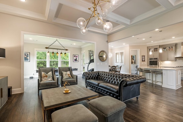 9488 Stillbrook Trce, Brentwood, TN 37027 - living room with healthy amount of natural light, coffered ceiling, a chandelier, dark wood finished floors, and beamed ceiling