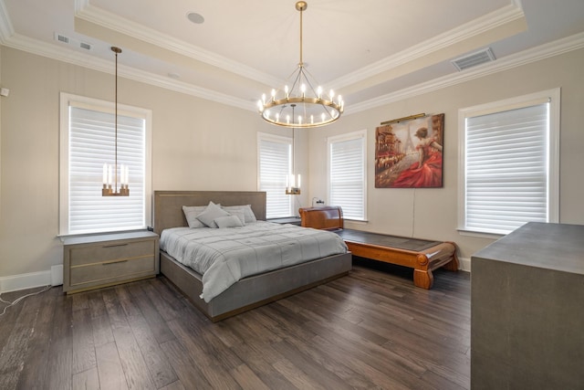 9488 Stillbrook Trce, Brentwood, TN 37027 - bedroom featuring a raised ceiling, dark wood-type flooring, a chandelier, and ornamental molding