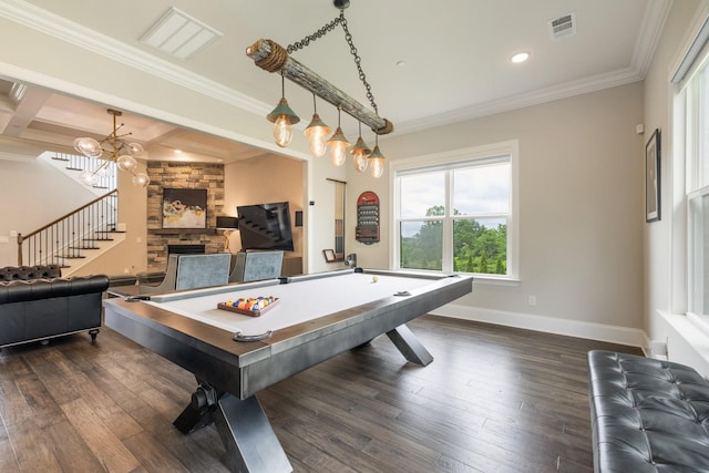 9488 Stillbrook Trce, Brentwood, TN 37027 - game room featuring crown molding, dark wood-type flooring, a stone fireplace, recessed lighting, and pool table