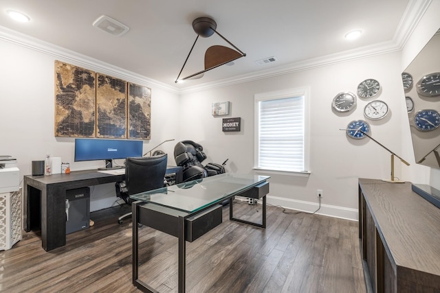9488 Stillbrook Trce, Brentwood, TN 37027 - office area featuring dark wood-style flooring and ornamental molding