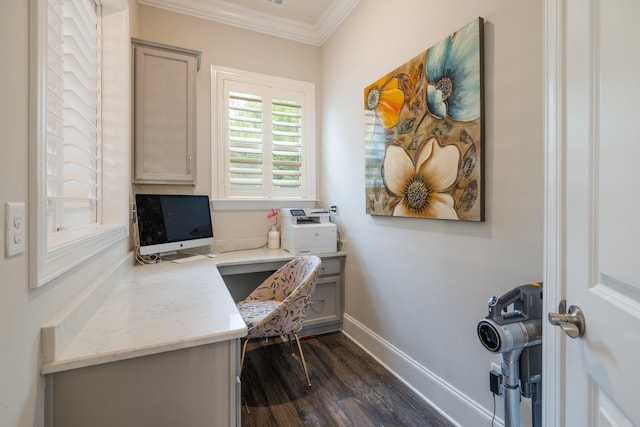 9488 Stillbrook Trce, Brentwood, TN 37027 - office space featuring ornamental molding, dark wood-style flooring, and built in desk