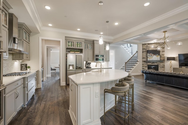 9488 Stillbrook Trce, Brentwood, TN 37027 - kitchen with stainless steel appliances, open floor plan, a fireplace, light countertops, and dark wood finished floors