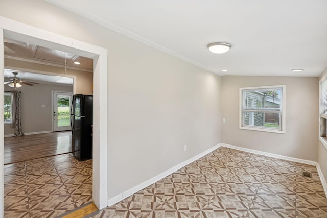 631 W Maple St, Morrison, TN 37357 - unfurnished room with ornamental molding, ceiling fan, recessed lighting, and parquet floors