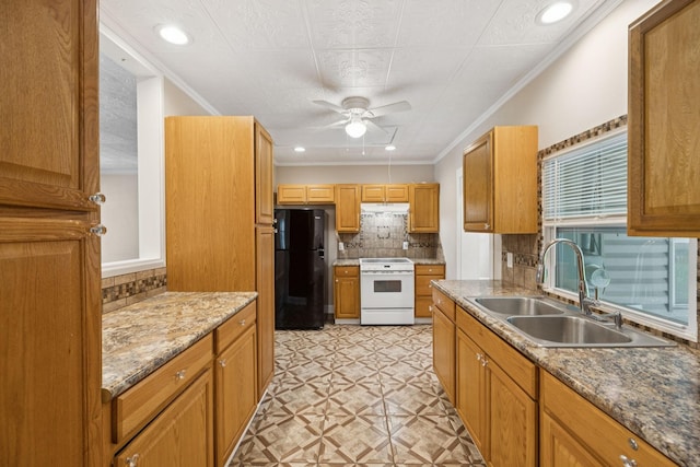 631 W Maple St, Morrison, TN 37357 - kitchen with electric stove, freestanding refrigerator, backsplash, a ceiling fan, and under cabinet range hood